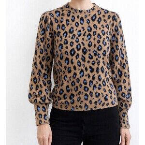 Ann Taylor Camel Blue Leopard Crew Neck Puff Long Sleeve Sweater L